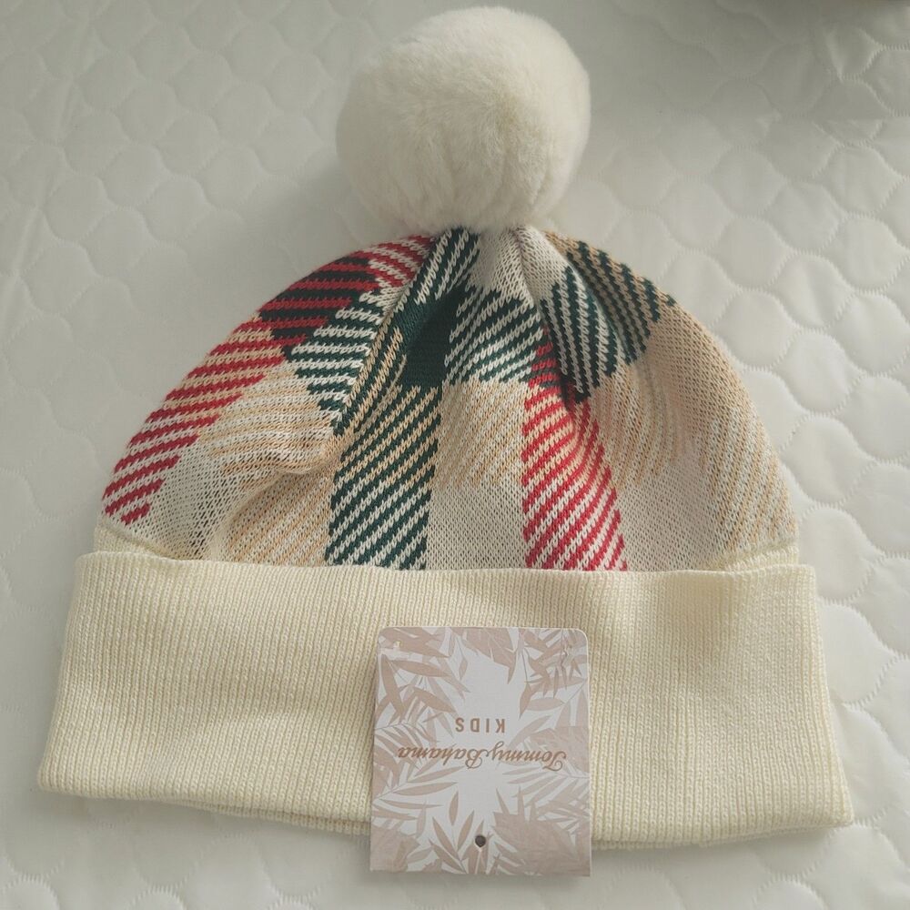 NWT Tommy Bahama Todder  Kids Plaid Beanie Pom Hat  Size 5/6